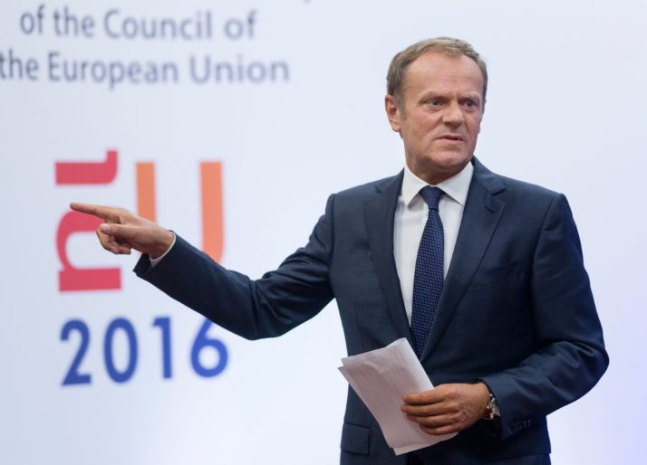 EU Council President Donald Tusk leaves after a statement on Brexit at the EU Headquarters in Brussels on June 24, 2016. Britain has voted to break out of the European Union, striking a thunderous blow against the bloc and spreading panic through world markets on June 24 as sterling collapsed to a 31-year low. / AFP / JOHN THYS (Photo credit should read JOHN THYS/AFP/Getty Images)