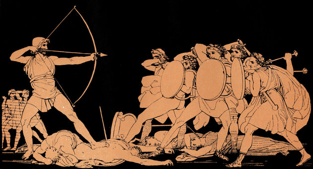 Homer, The Odyssey.   Ulysses (Odysseus) killing the Suitors of his wife Penelope on the island of Ithaca Homer, blind Greek poet, c. 800 - 600 BCE, Trojan War, epic; illustration after Flaxman  (Photo by Culture Club/Getty Images)
