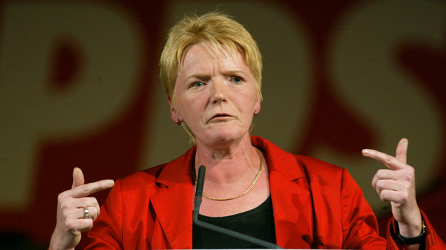 Gabriele Zimmer, party leader of Germany's Party of Democratic Socialism (PDS) gestures during her speech at the final PDS election campaign rally in Berlin September 19, 2002. The PDS is on the final phase of its election campaign for Germany's upcoming September 22 general elections.