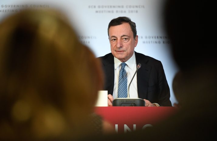 The President of the European Central Bank (ECB) Mario Draghi gives a press conference following the meeting of the Governing Council of the European Central Bank in Riga, Latvia, June 14, 2018. - The euro fell against the dollar after the European Central Bank said it expected interest rates to remain at their current record lows until well into 2019. (Photo by Ilmars ZNOTINS / AFP) (Photo credit should read ILMARS ZNOTINS/AFP/Getty Images)