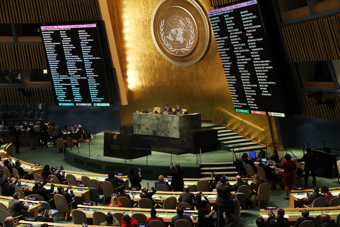 NEW YORK, NY - DECEMBER 21: The voting results are displayed on the floor of the United Nations General Assembly in which the United States declaration of Jerusalem as Israel's capital was declared "null and void" on December 21, 2017 in New York City. The vote, 128-9, at the United Nations concerned Washington's decision to recognize Jerusalem as Israel's capital and relocate its embassy there. The Trump administration has threatened to take action against any country that votes against the United States decision to move its embassy. (Photo by Spencer Platt/Getty Images)